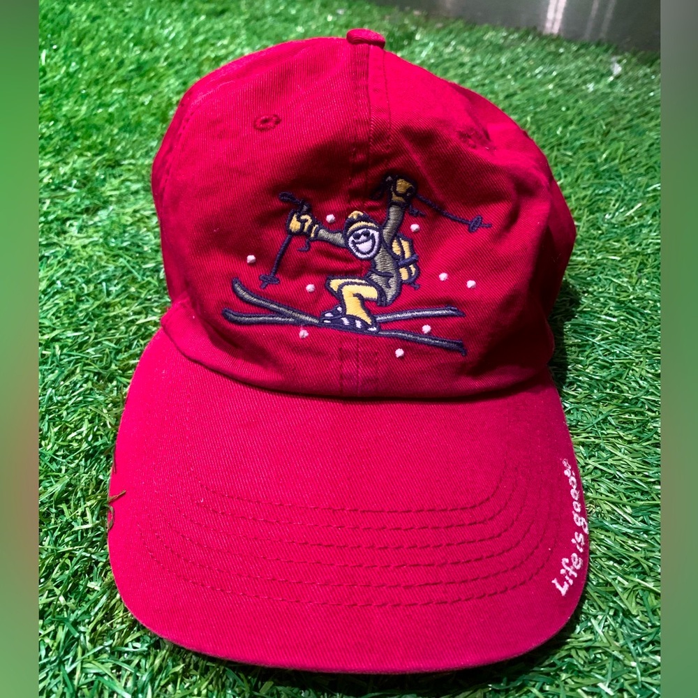 Life is Good Skiing Ski Dad Hat Curved Brim Canvas Red Vintage Retro